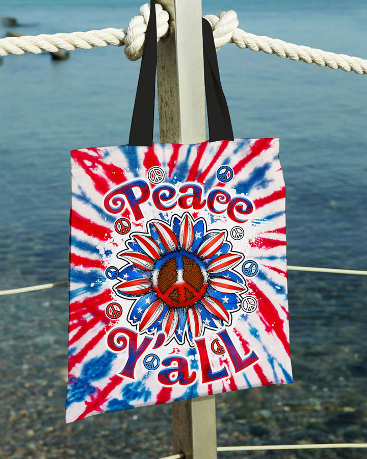 Peace Y'all Sunflower America Tote Bag Back view of the peace y'all sunflower america tote bag showcasing the colorful tie-dye pattern and sturdy straps.