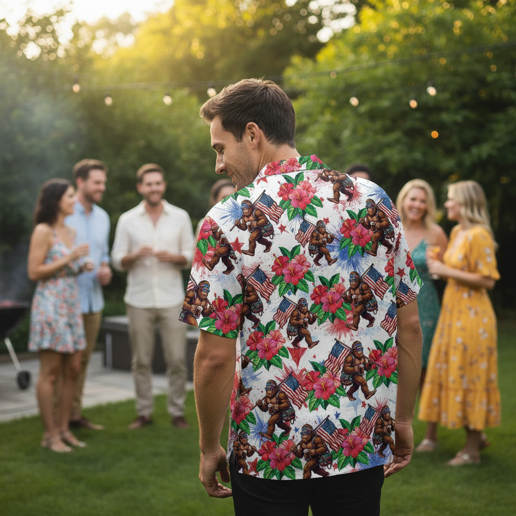 Bigfoot Patriot Tropical Hawaiian Shirt Model showcasing the Bigfoot Patriot Tropical Hawaiian Shirt at a picnic, highlighting its festive appearance.