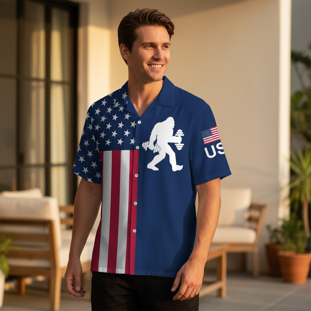 Bigfoot Is a Gym Lover Hawaiian Shirt Detail of the sleeve on the Bigfoot is a gym lover Hawaiian shirt, featuring the American flag.