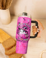 Front view of the In October We Wear Pink Boo tumbler, showcasing vibrant pink color and playful ghost design.