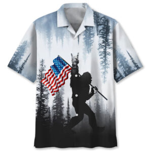 Front view of a Bigfoot USA flag Hawaiian shirt with a silhouette design and American flag accents.