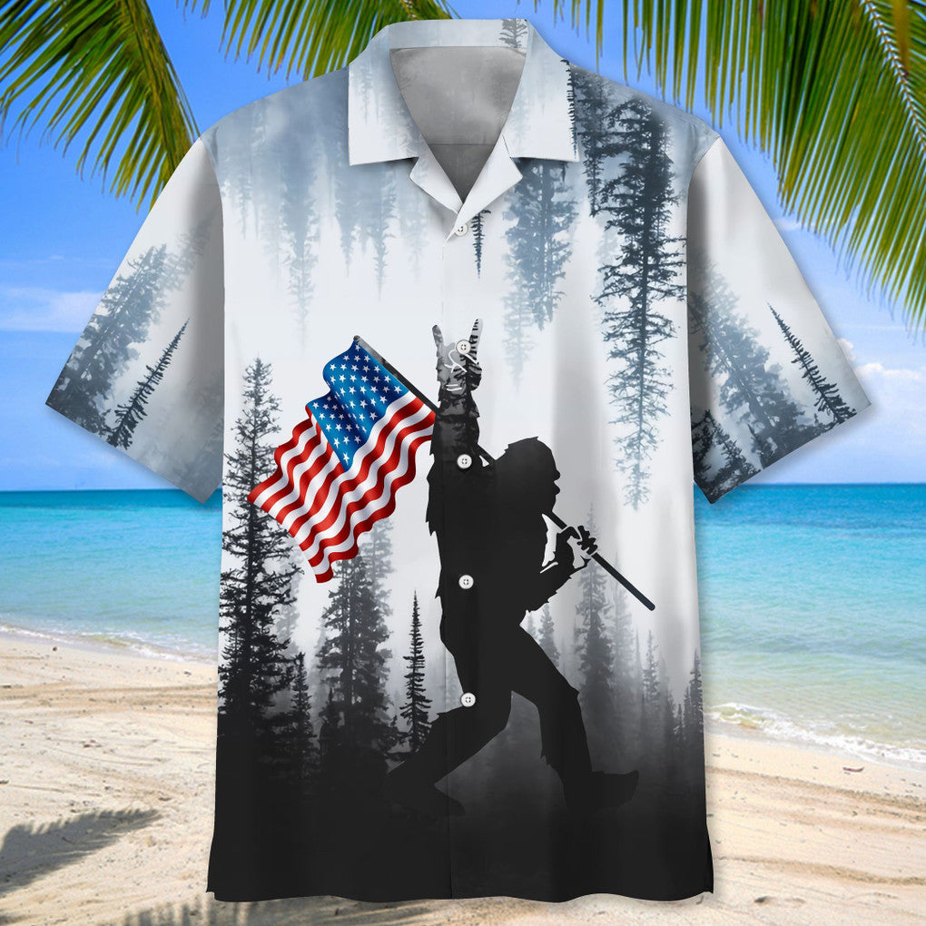 Bigfoot USA Flag Hawaiian Shirt Back view of a Bigfoot USA flag Hawaiian shirt showcasing the unique forest pattern and vibrant colors.