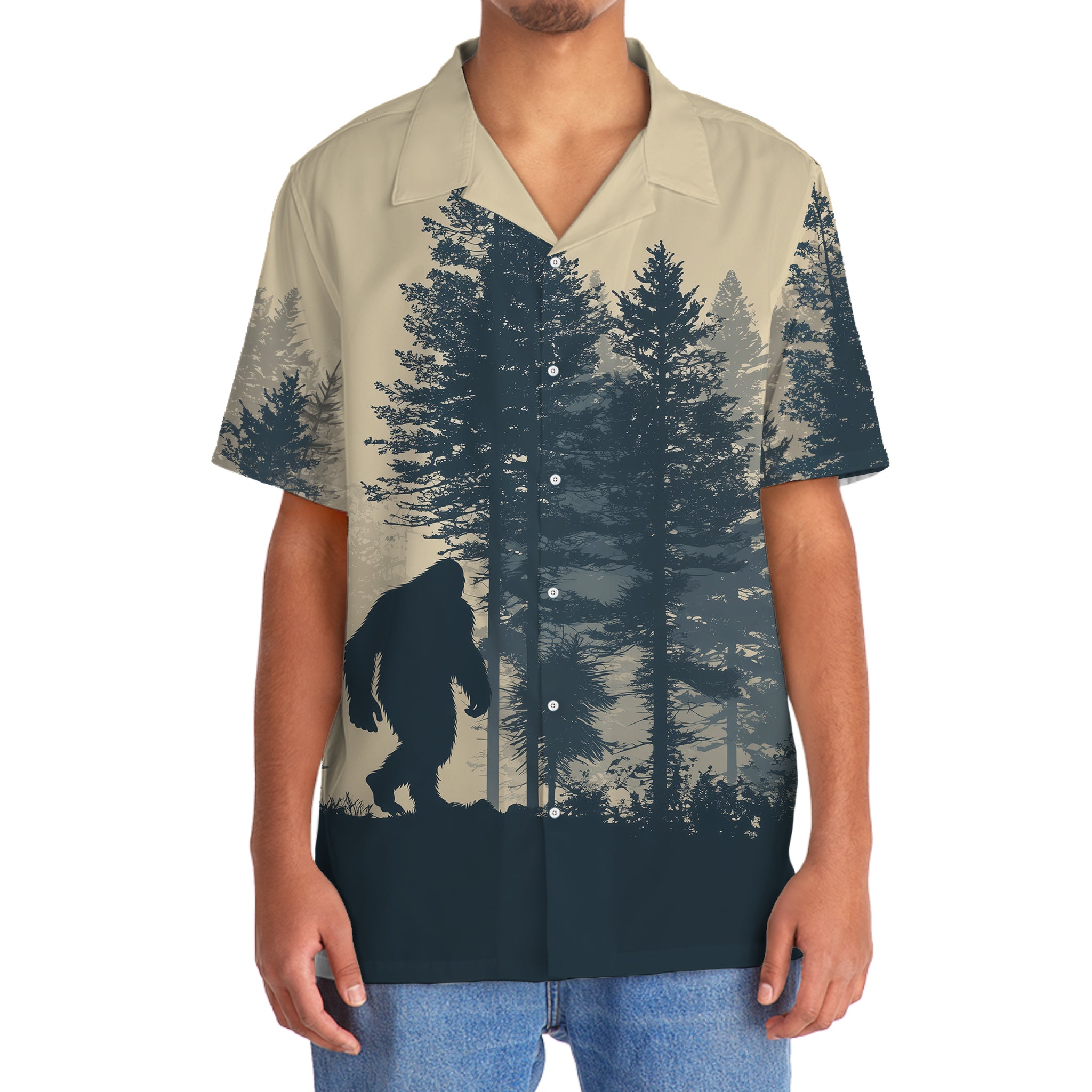 Bigfoot Hide and Seek Hawaiian Shirt Side view of the Bigfoot Hide and Seek Hawaiian shirt displaying the relaxed fit and colorful nature-inspired design.