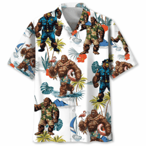 Front view of the Bigfoot tropical Hawaiian shirt featuring vibrant colors and playful designs.