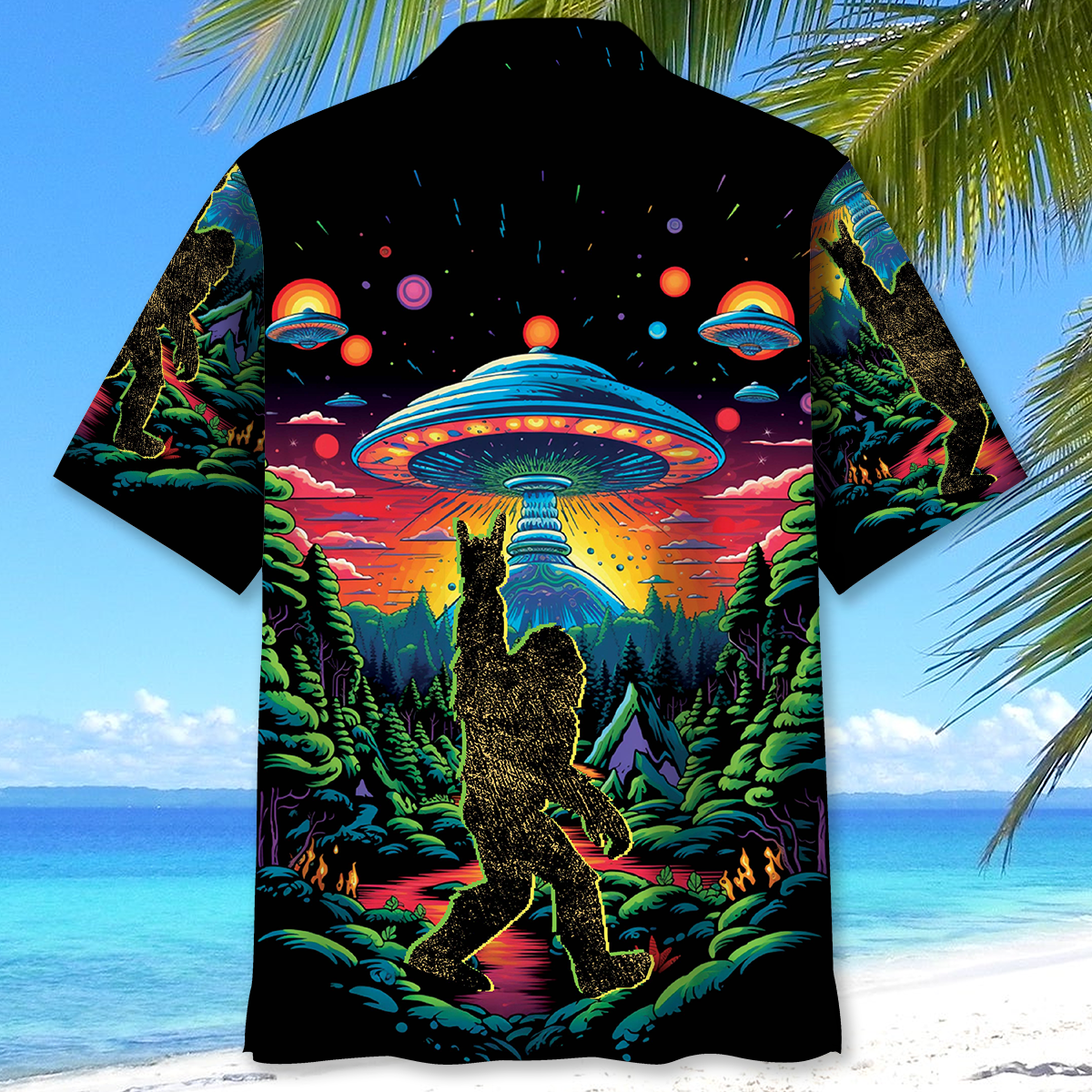 Alien Bigfoot Hawaiian Shirt Lifestyle image of the alien bigfoot Hawaiian shirt worn at a beach party, capturing a fun and adventurous vibe.