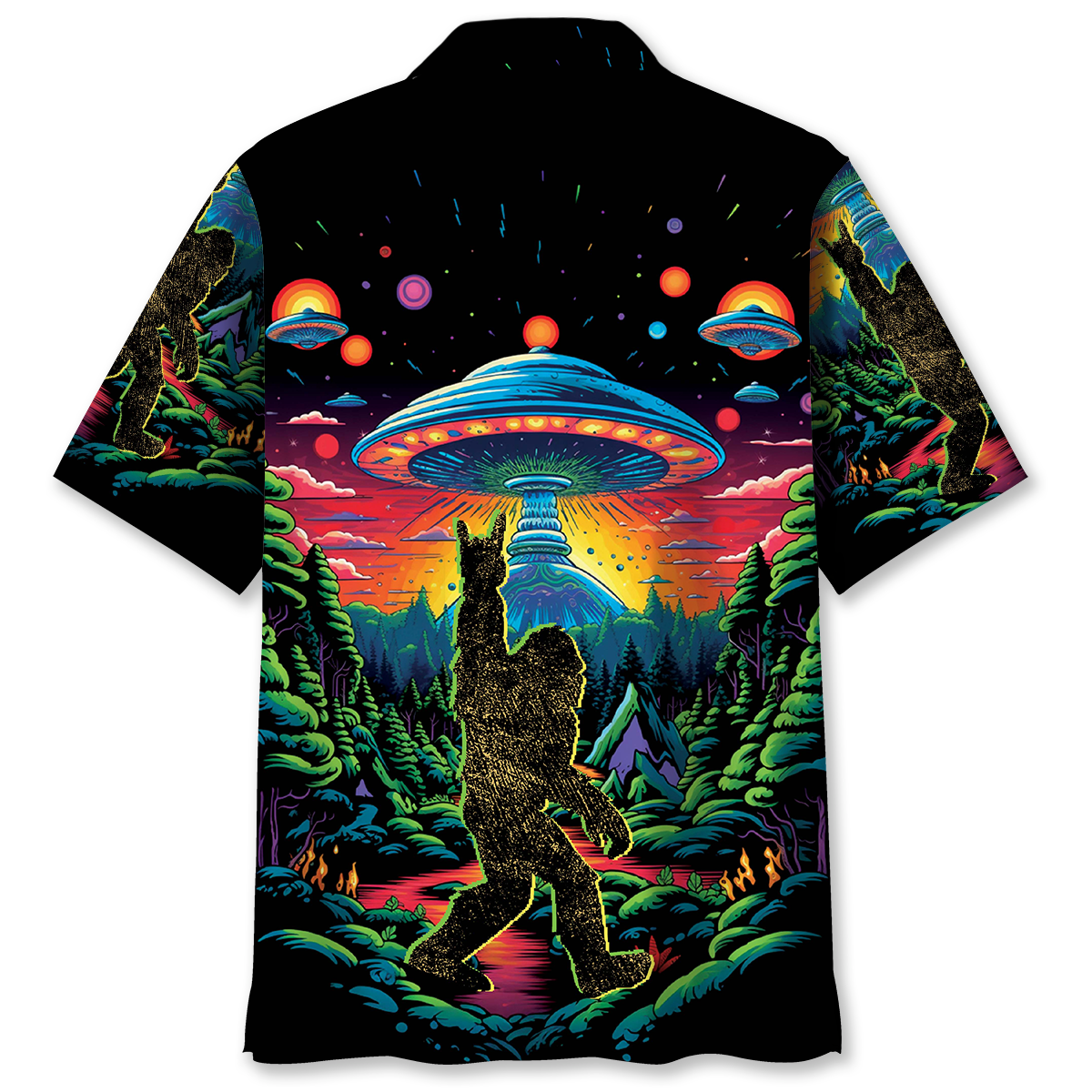 Alien Bigfoot Hawaiian Shirt Close-up detail of the alien bigfoot Hawaiian shirt highlighting the intricate patterns of trees and planets.