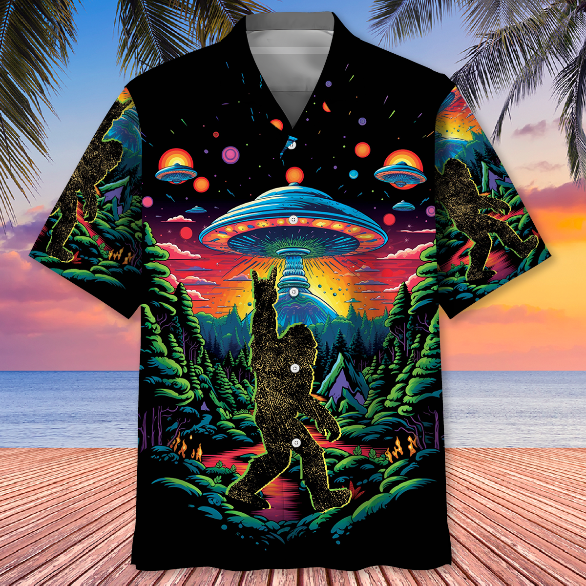 Alien Bigfoot Hawaiian Shirt Back view of the alien bigfoot Hawaiian shirt showcasing the striking cosmic landscape and playful graphics.