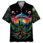 Front view of an alien bigfoot Hawaiian shirt featuring vibrant colors and bold designs of Bigfoot and UFOs.