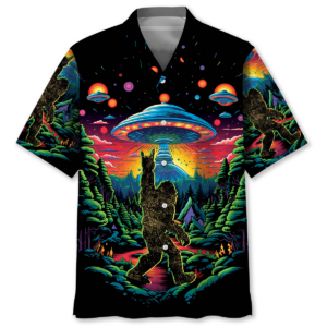 Front view of an alien bigfoot Hawaiian shirt featuring vibrant colors and bold designs of Bigfoot and UFOs.
