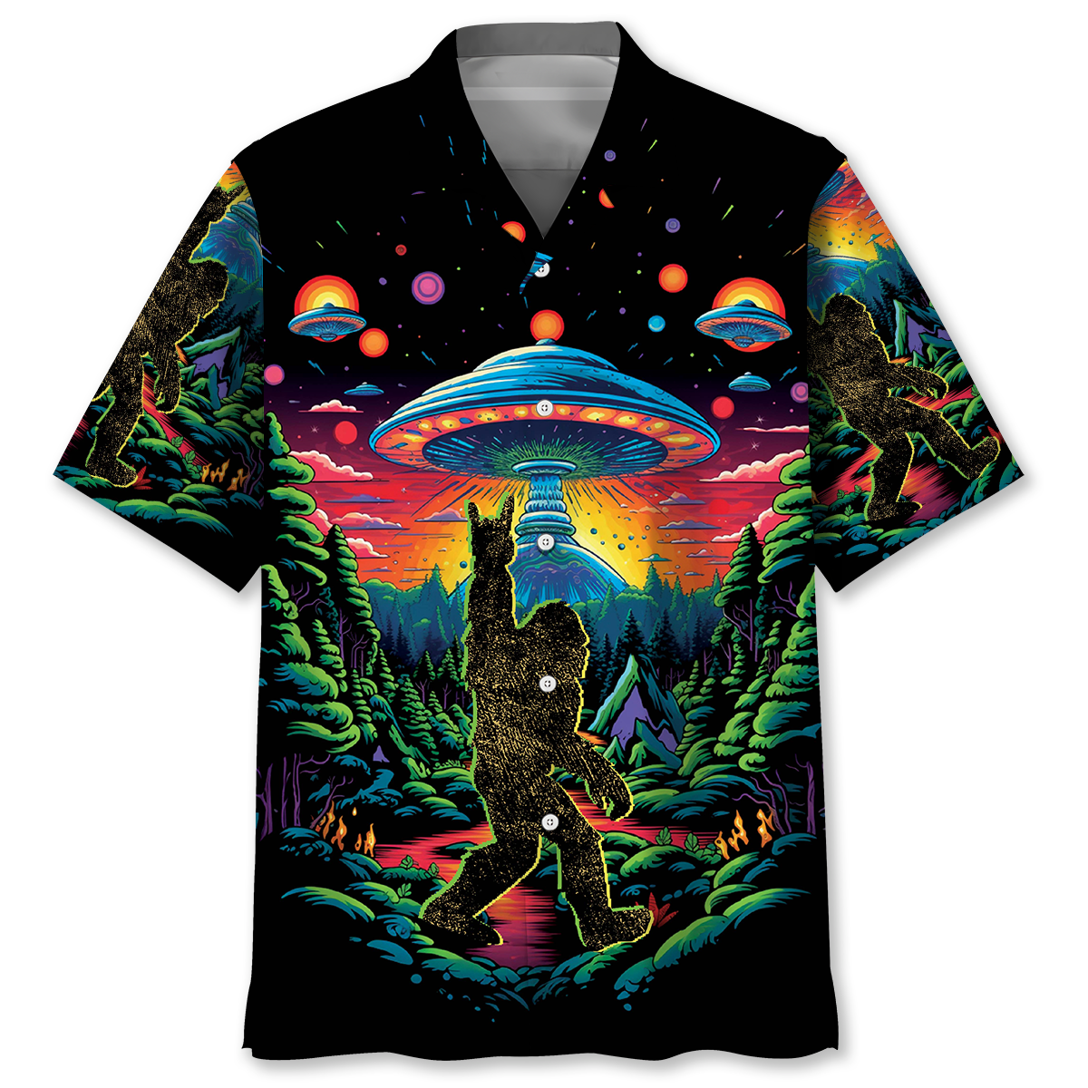 Alien Bigfoot Hawaiian Shirt Front view of an alien bigfoot Hawaiian shirt featuring vibrant colors and bold designs of Bigfoot and UFOs.