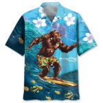 Front view of a bigfoot surfing hibiscus Hawaiian shirt featuring vibrant colors and a fun design.