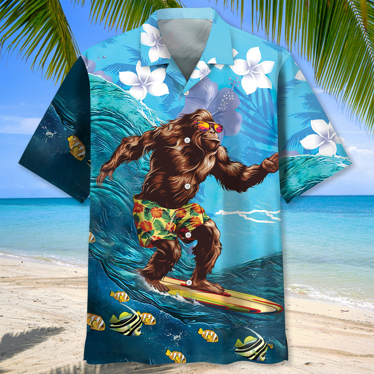 Bigfoot Surfing Hibiscus Hawaiian Shirt Back view showcasing the bold bigfoot surfing hibiscus Hawaiian shirt with detailed floral patterns.