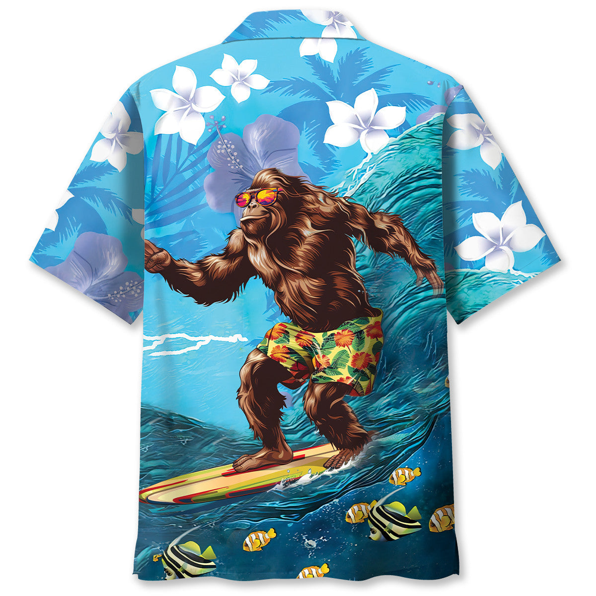 Bigfoot Surfing Hibiscus Hawaiian Shirt Close-up detail of the bigfoot surfing hibiscus Hawaiian shirt highlighting its colorful graphics and fabric texture.