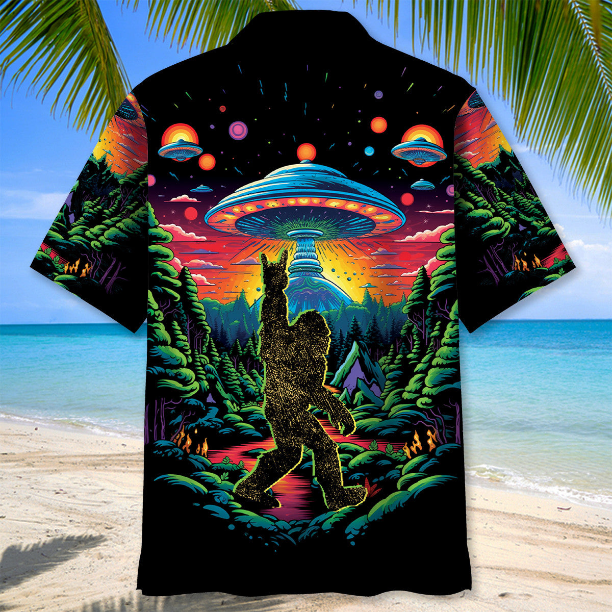 Alien Bigfoot Pocket Hawaiian Shirt Lifestyle shot of a person wearing the Alien Bigfoot pocket Hawaiian shirt in a tropical setting, showcasing its casual style