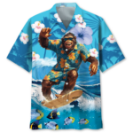 Front view of the Bigfoot surfing Hawaiian shirt featuring vibrant colors and a playful design with tropical flowers.