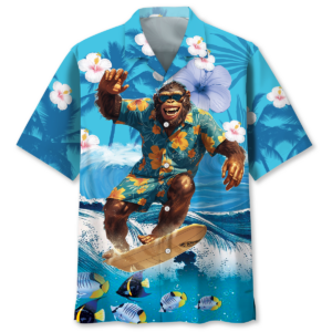 Front view of the Bigfoot surfing Hawaiian shirt featuring vibrant colors and a playful design with tropical flowers.