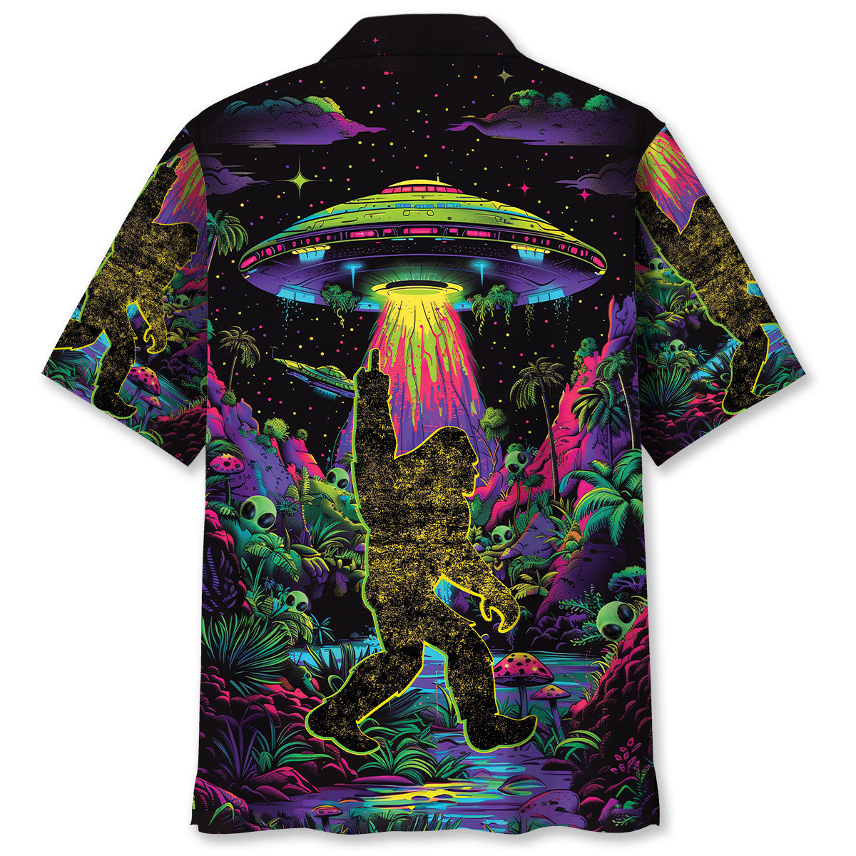Alien Bigfoot Night Hawaiian Shirt Close-up of the fabric texture on the alien bigfoot night shirt, emphasizing the unique print and bright hues.