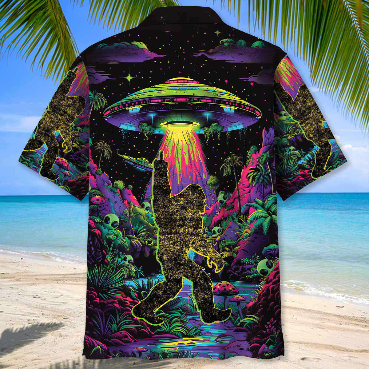 Alien Bigfoot Night Hawaiian Shirt Model wearing the alien bigfoot night shirt in a tropical setting, capturing the fun vibe and playful design details.