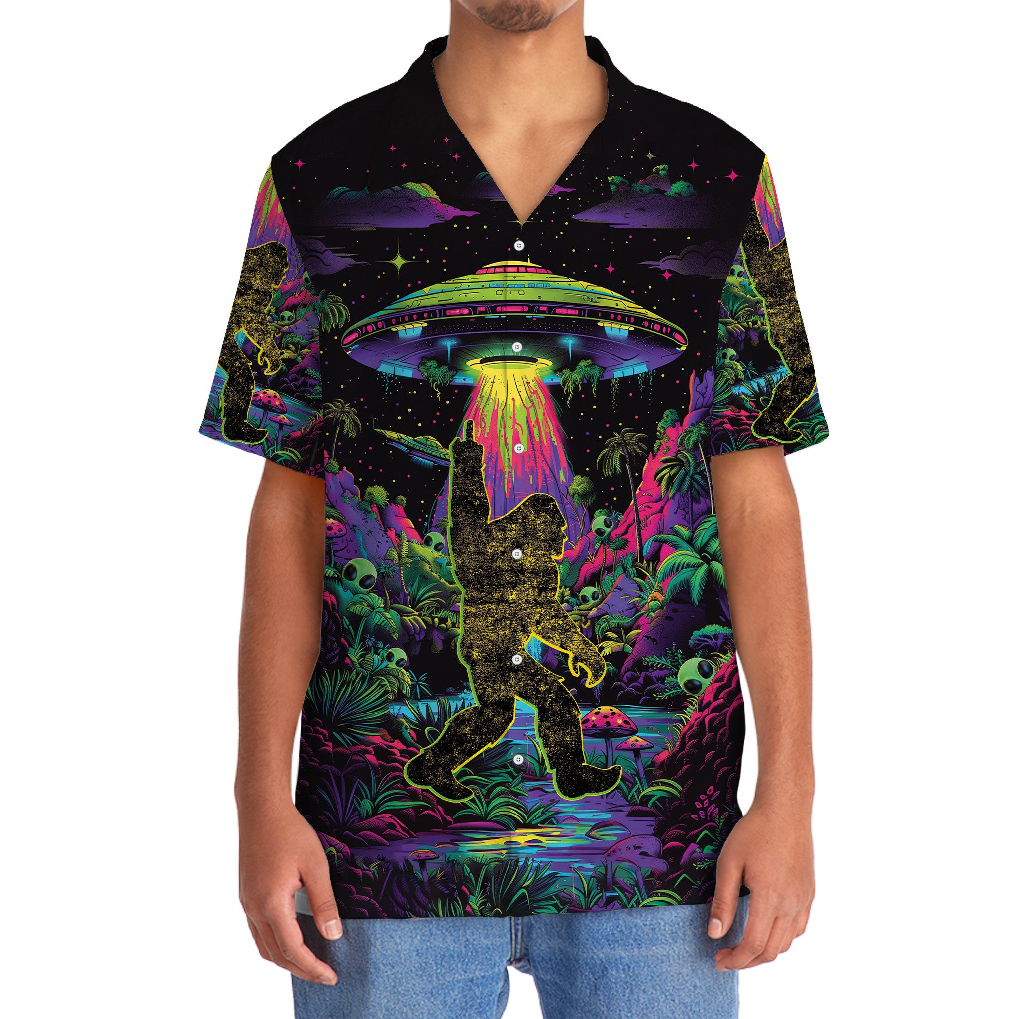 Alien Bigfoot Night Hawaiian Shirt Lifestyle shot of friends at a beach party wearing the alien bigfoot night shirt, showcasing its eye-catching design and rela