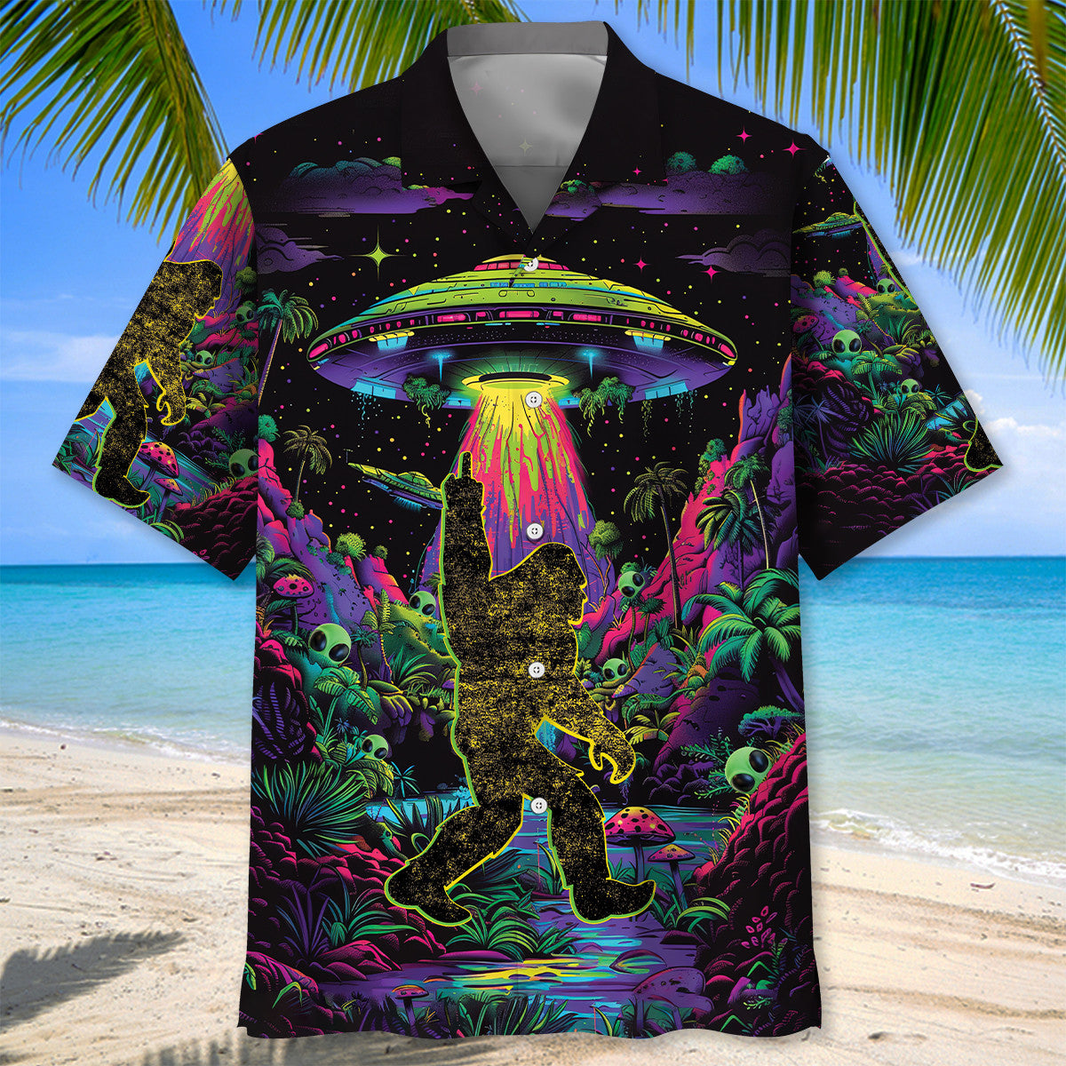 Alien Bigfoot Night Hawaiian Shirt Back view showcasing the full design of the alien bigfoot night shirt, highlighting the detailed artwork and vivid colors.