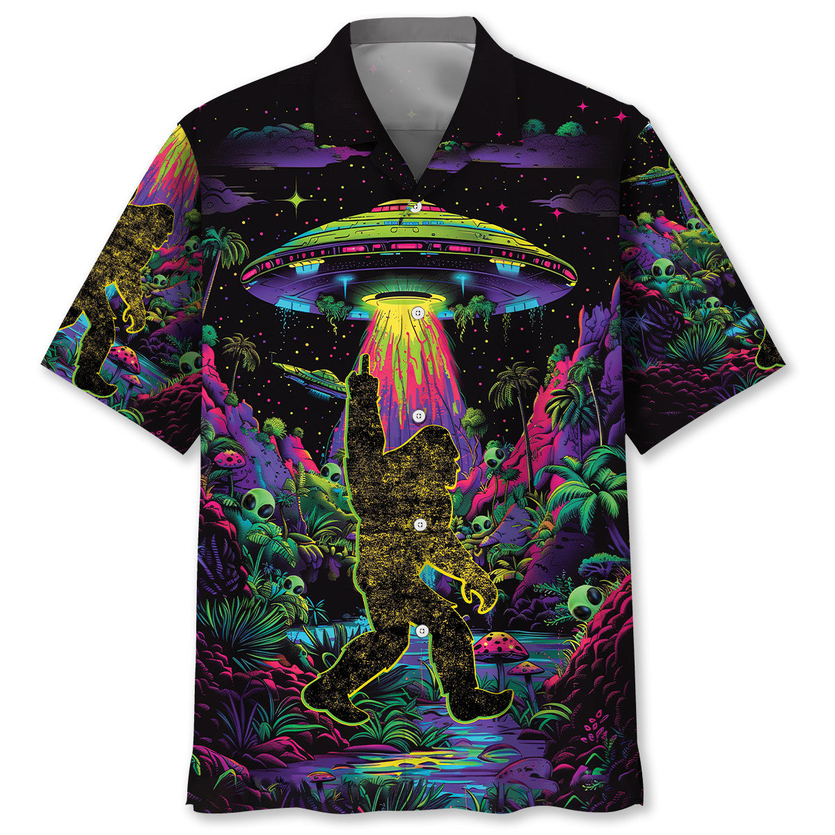 Alien Bigfoot Night Hawaiian Shirt Front view of the vibrant alien bigfoot night shirt featuring a colorful design with a UFO and tropical elements.