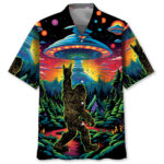 Front view of the Alien Bigfoot pocket Hawaiian shirt featuring vibrant colors and a cosmic design.