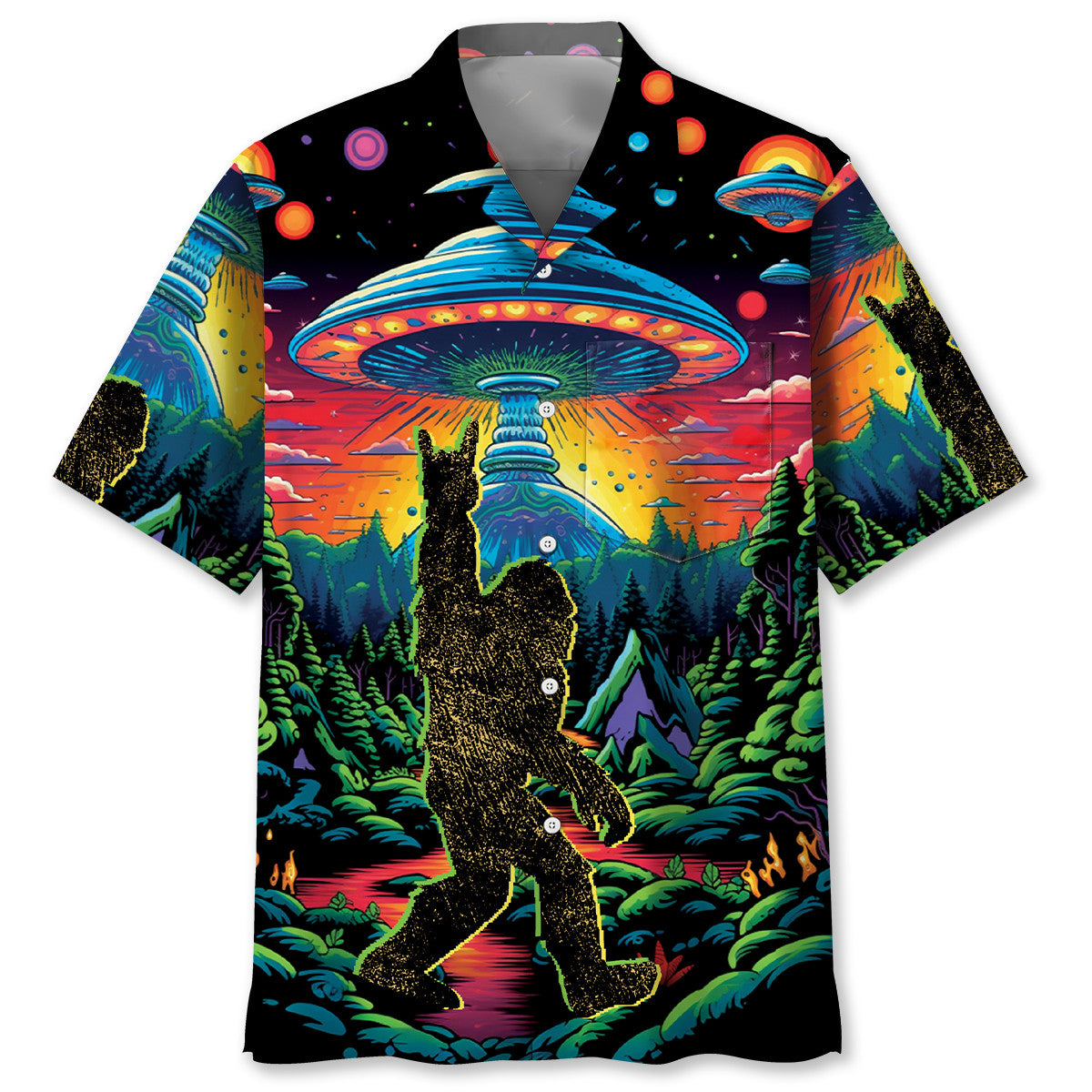 Alien Bigfoot Pocket Hawaiian Shirt Front view of the Alien Bigfoot pocket Hawaiian shirt featuring vibrant colors and a cosmic design.