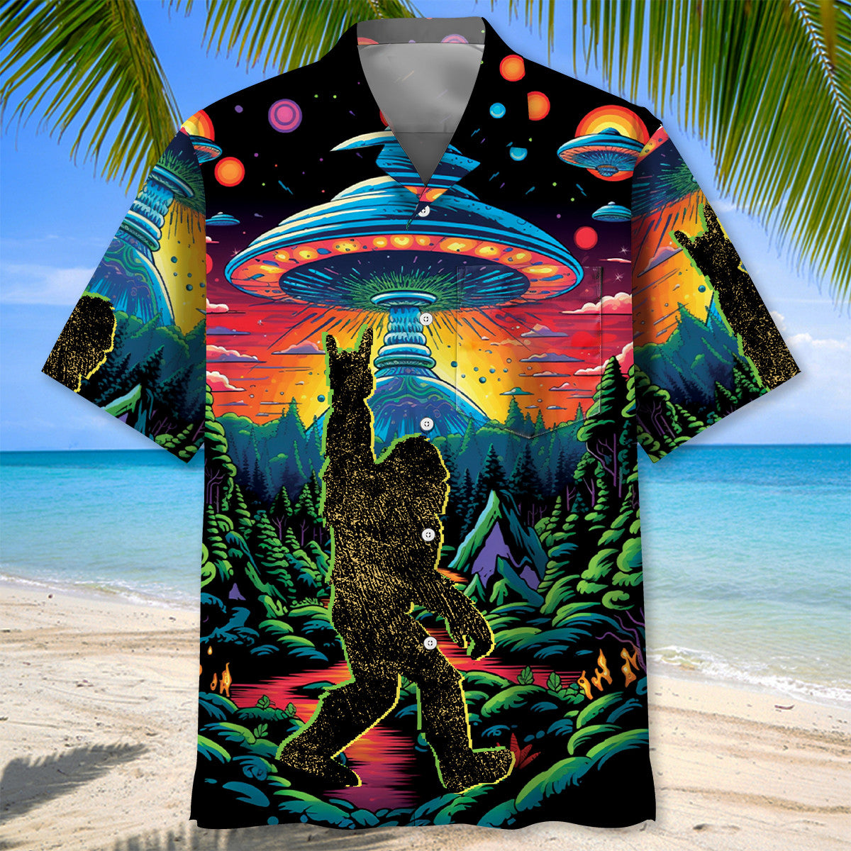 Alien Bigfoot Pocket Hawaiian Shirt Back view showing the full design of the Alien Bigfoot pocket Hawaiian shirt with colorful graphics of UFOs.