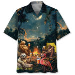 Front view of the camping bigfoot bear sloth flamingo Hawaiian shirt featuring vibrant night scene and wildlife design.