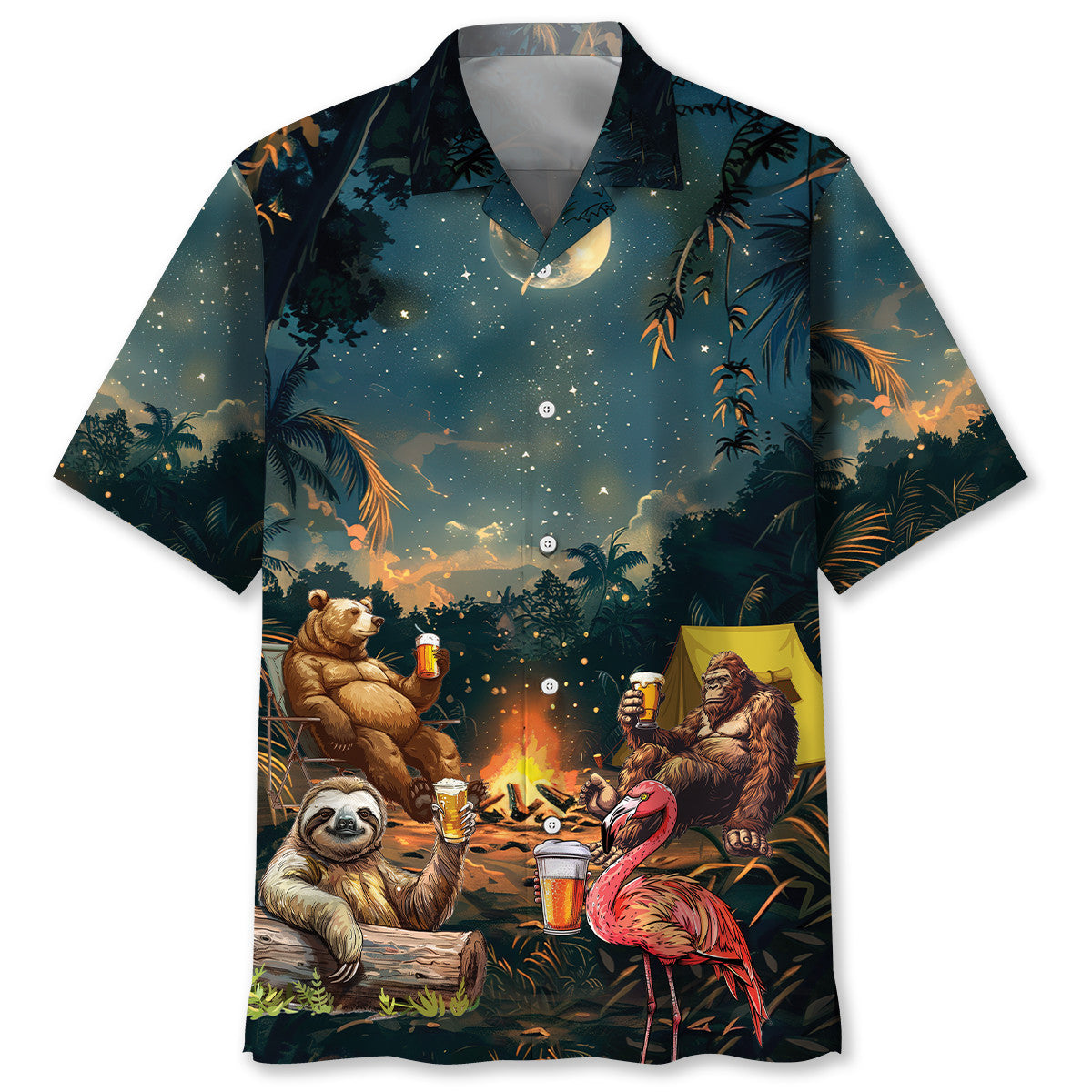 Camping Bigfoot Bear Sloth Flamingo Hawaiian Shirt Front view of the camping bigfoot bear sloth flamingo Hawaiian shirt featuring vibrant night scene and wildlife design.