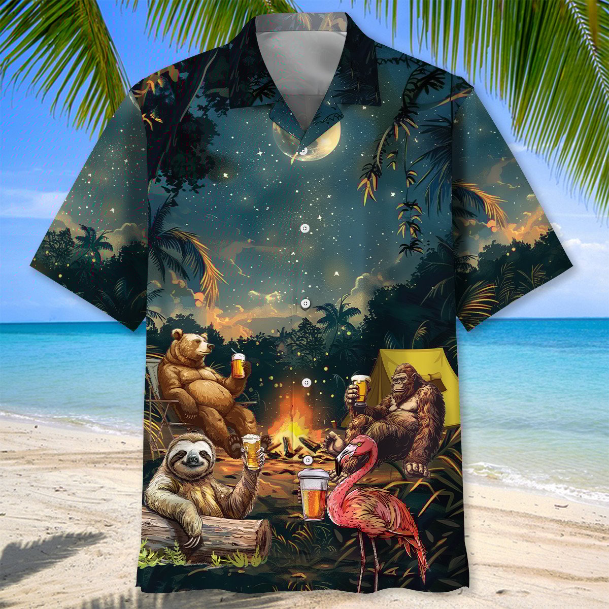 Camping Bigfoot Bear Sloth Flamingo Hawaiian Shirt Back view of the camping bigfoot bear sloth flamingo Hawaiian shirt showcasing detailed animal graphics and colorful campfire
