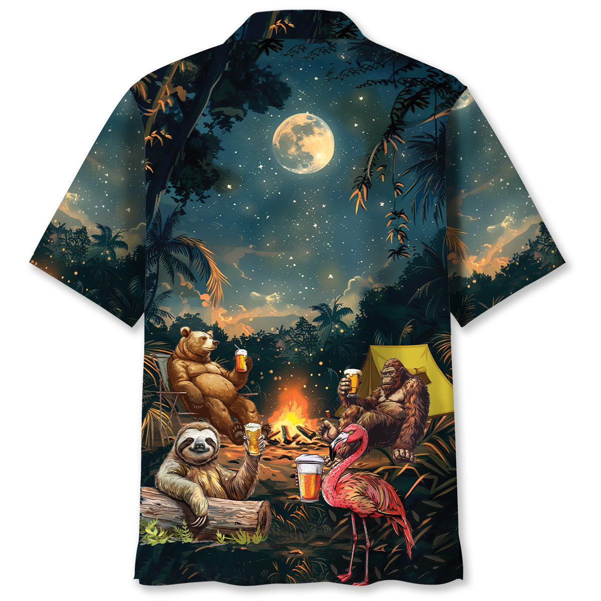 Camping Bigfoot Bear Sloth Flamingo Hawaiian Shirt Close-up detail of the camping bigfoot bear sloth flamingo Hawaiian shirt highlighting the intricate print of animals and for