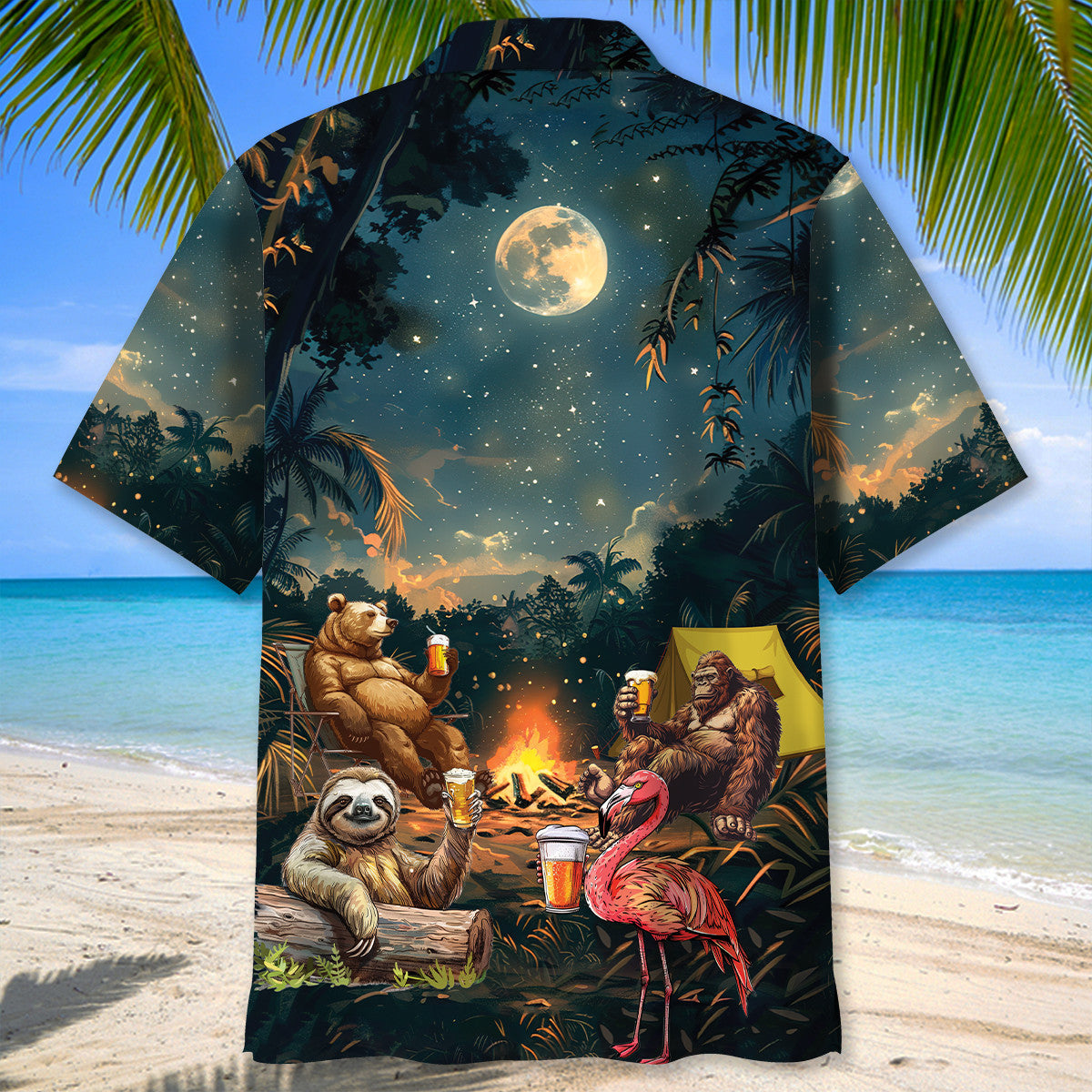Camping Bigfoot Bear Sloth Flamingo Hawaiian Shirt Lifestyle shot of a person wearing the camping bigfoot bear sloth flamingo Hawaiian shirt at a campsite, enjoying the outdoor