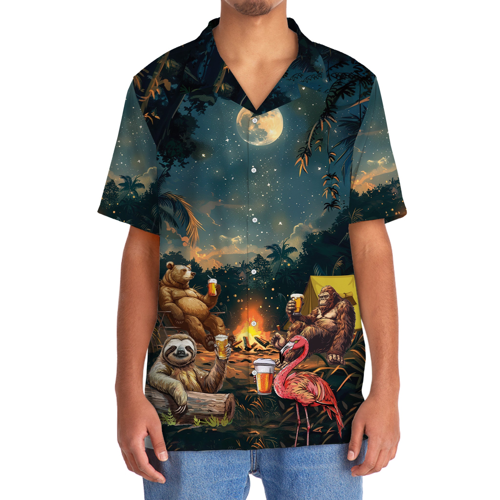 Camping Bigfoot Bear Sloth Flamingo Hawaiian Shirt Side angle of the camping bigfoot bear sloth flamingo Hawaiian shirt revealing its relaxed fit and unique tropical print.