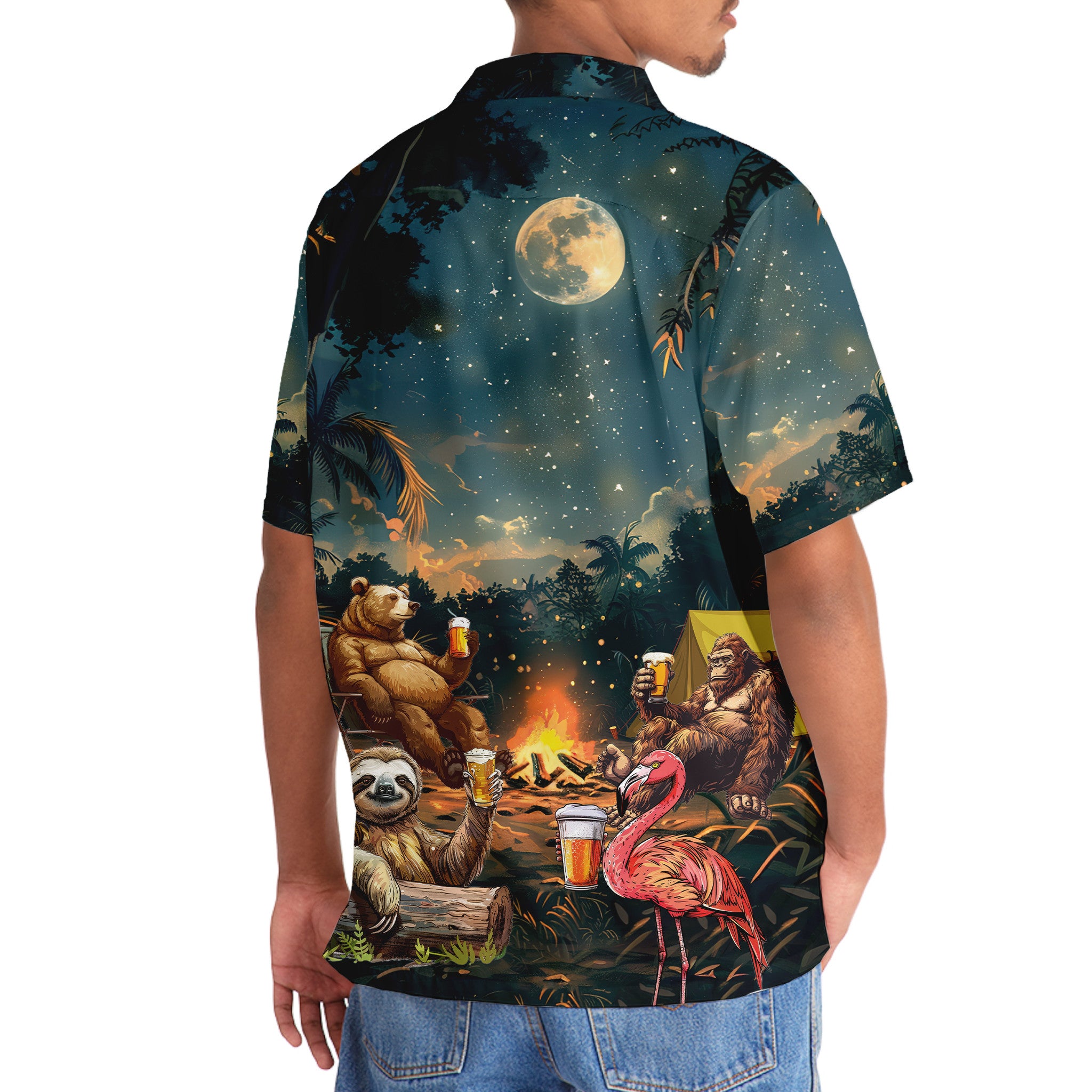 Camping Bigfoot Bear Sloth Flamingo Hawaiian Shirt Flat lay of the camping bigfoot bear sloth flamingo Hawaiian shirt with accessories, emphasizing its fun camping theme and co