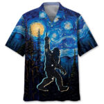 Front view of the bigfoot mystery starry night Hawaiian shirt showcasing vibrant blue and yellow colors.