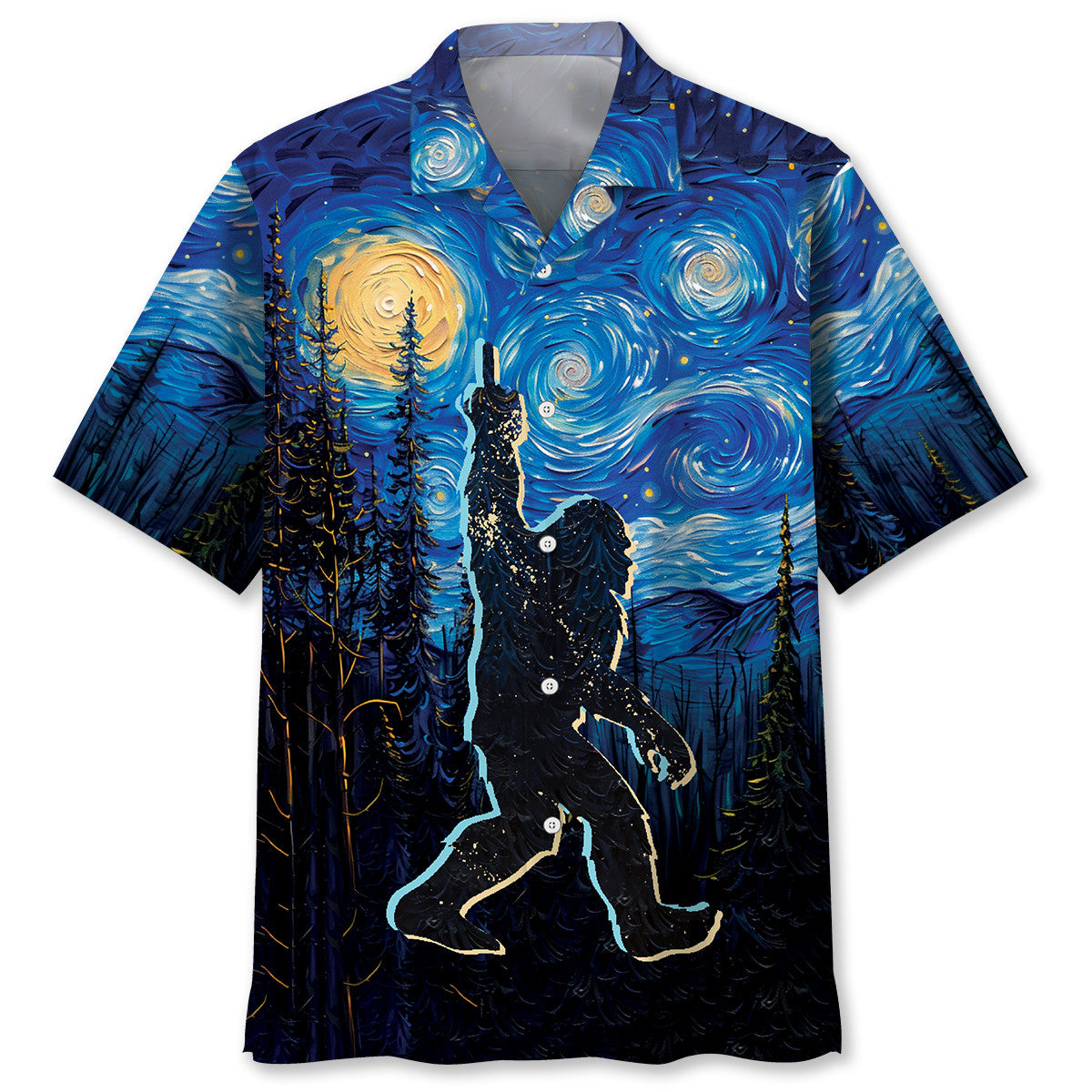 Bigfoot Mystery Starry Night Hawaiian Shirt Front view of the bigfoot mystery starry night Hawaiian shirt showcasing vibrant blue and yellow colors.