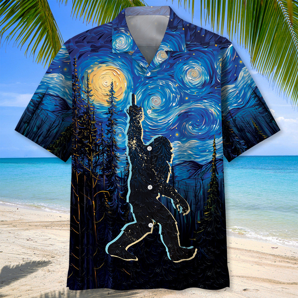 Bigfoot Mystery Starry Night Hawaiian Shirt Back view of the bigfoot mystery starry night Hawaiian shirt featuring intricate designs of stars and trees.