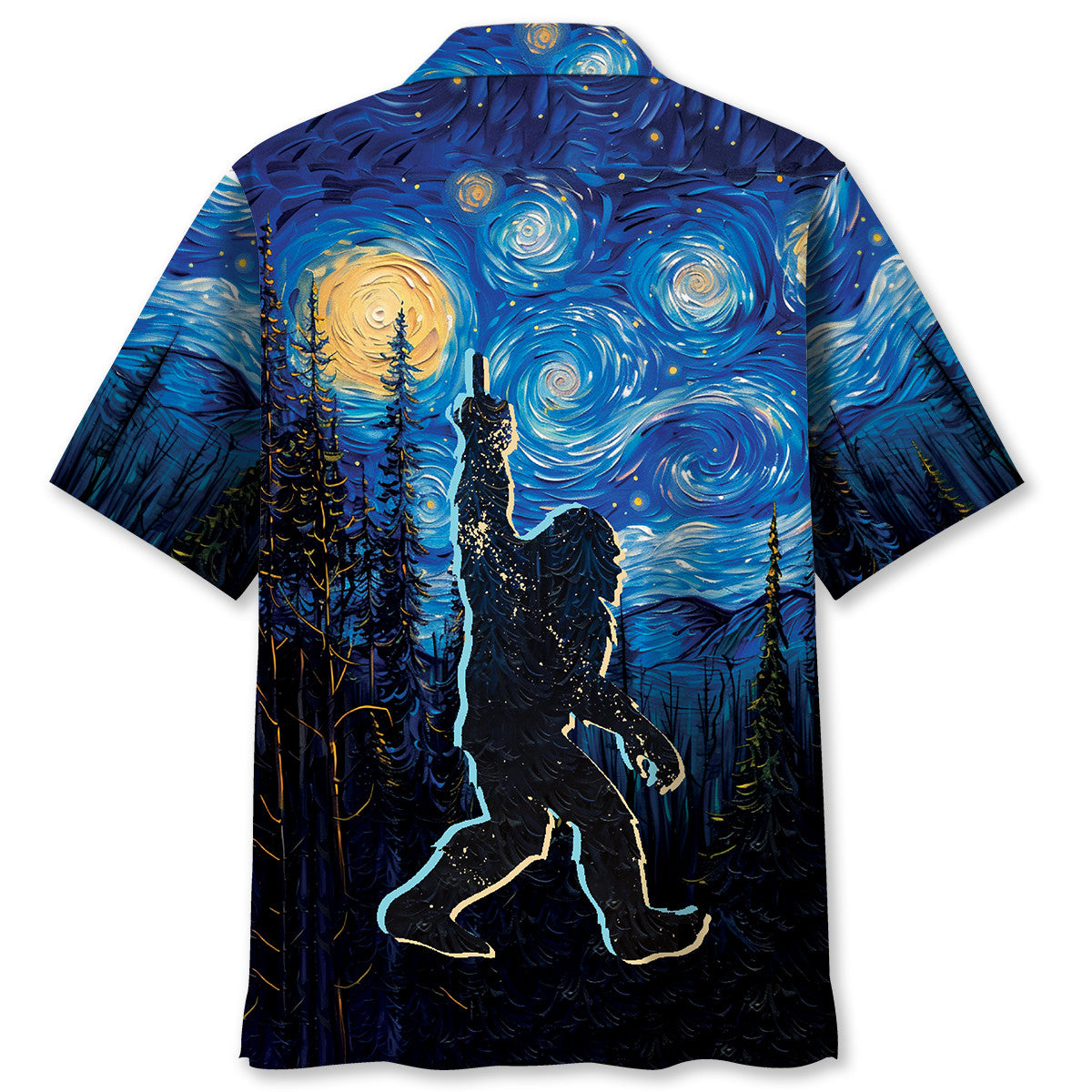 Bigfoot Mystery Starry Night Hawaiian Shirt Close-up detail of the bigfoot mystery starry night Hawaiian shirt highlighting the unique Bigfoot silhouette.