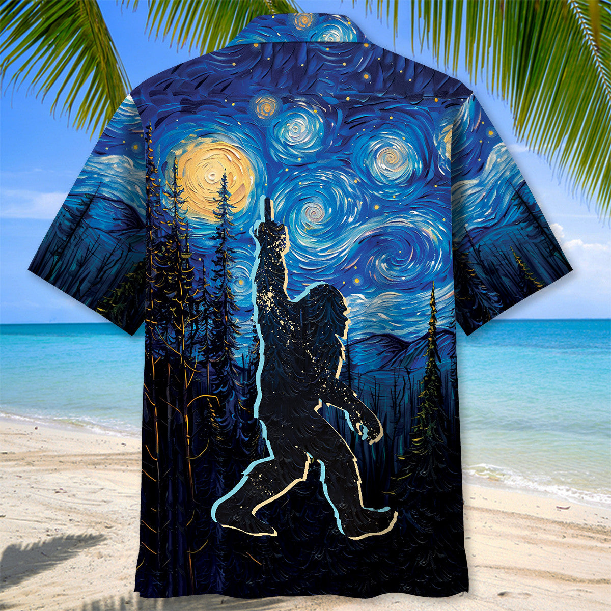 Bigfoot Mystery Starry Night Hawaiian Shirt Lifestyle shot of a person wearing the bigfoot mystery starry night Hawaiian shirt at a beach party.