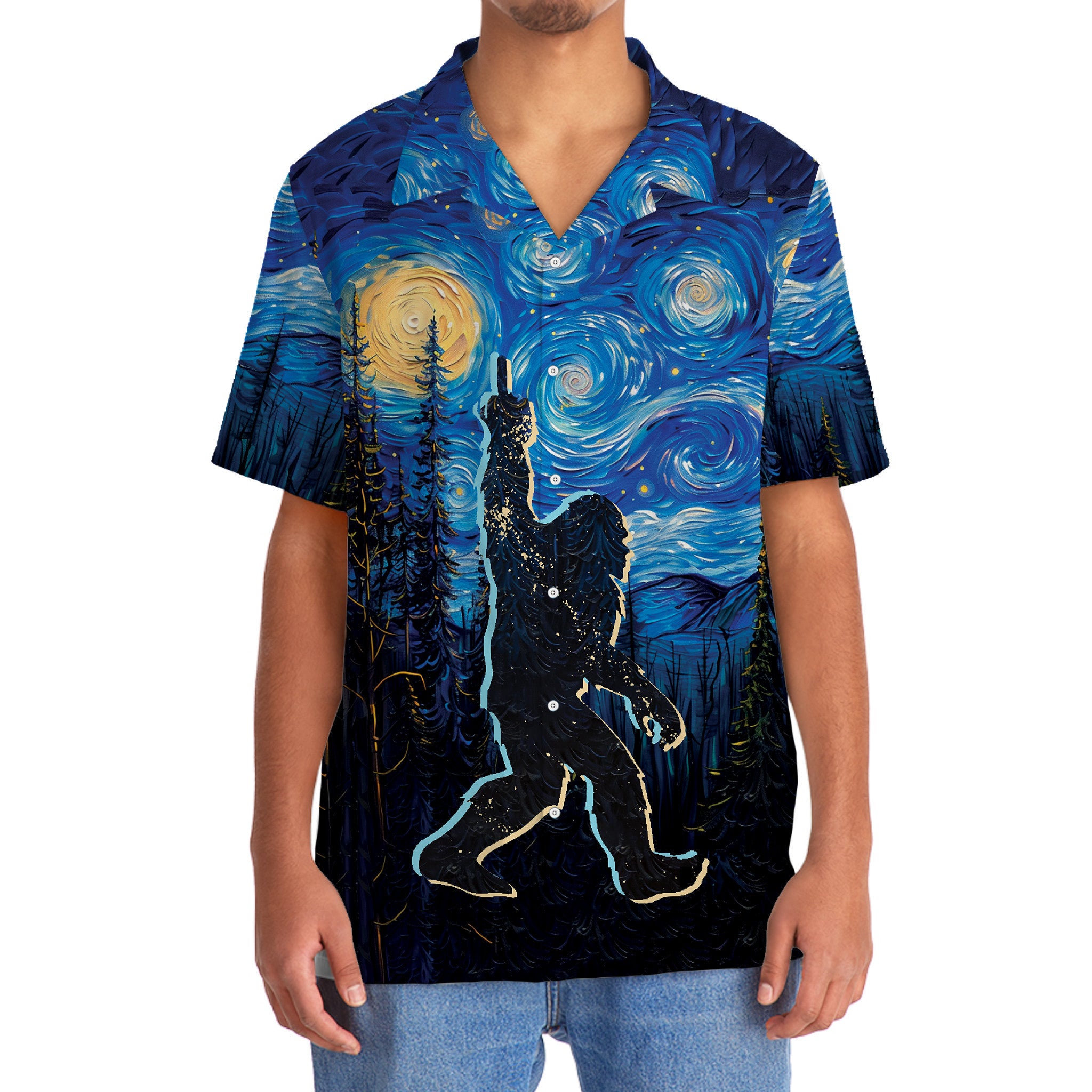 Bigfoot Mystery Starry Night Hawaiian Shirt Side angle of the bigfoot mystery starry night Hawaiian shirt displaying its relaxed fit and button details.