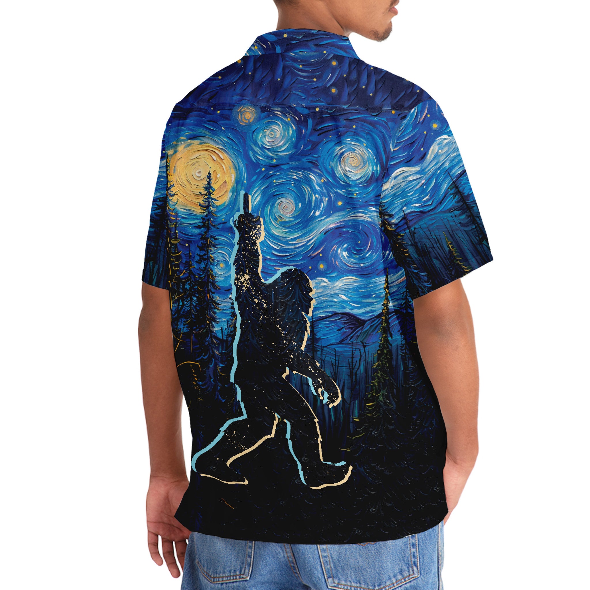 Bigfoot Mystery Starry Night Hawaiian Shirt Flat lay of the bigfoot mystery starry night Hawaiian shirt with tropical accessories, emphasizing its fun design.