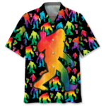 Front view of the rainbow bigfoot party Hawaiian shirt showcasing vibrant colors and playful design.