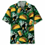 Funny Bigfoot tacos & beer Hawaiian shirt in vibrant colors, showcasing playful taco and beer designs from the front view.