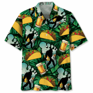 Funny Bigfoot tacos & beer Hawaiian shirt in vibrant colors, showcasing playful taco and beer designs from the front view.