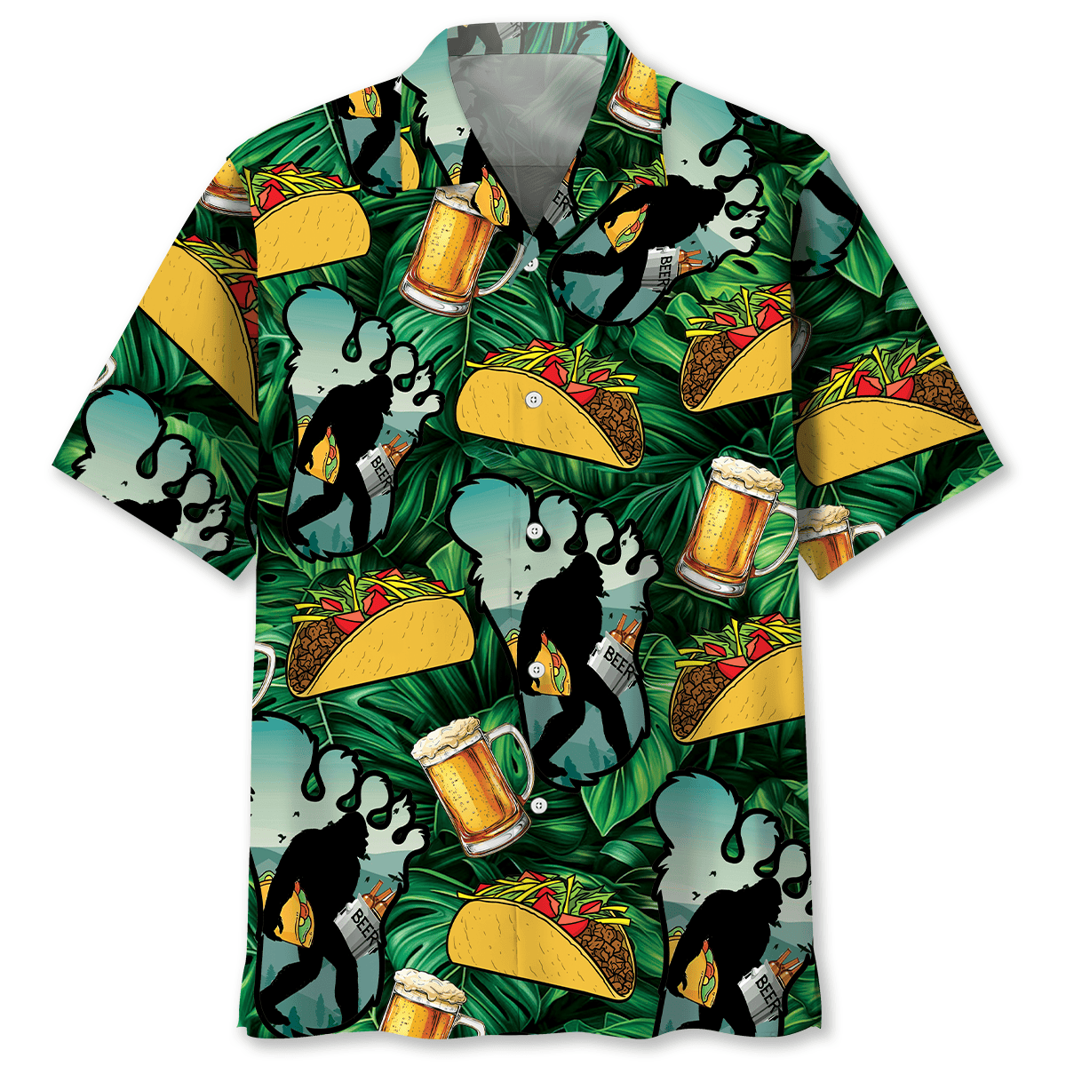 Funny Bigfoot Tacos & Beer Hawaiian Shirt Funny Bigfoot tacos & beer Hawaiian shirt in vibrant colors, showcasing playful taco and beer designs from the front view.