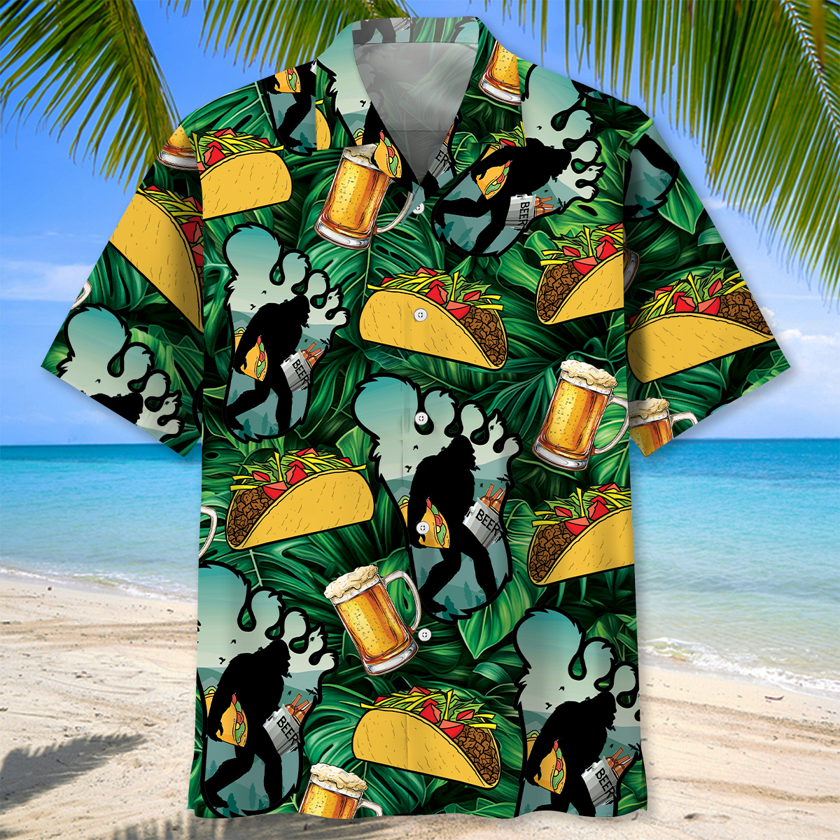 Funny Bigfoot Tacos & Beer Hawaiian Shirt Back view of the funny Bigfoot tacos & beer Hawaiian shirt highlighting colorful graphics and tropical vibes.