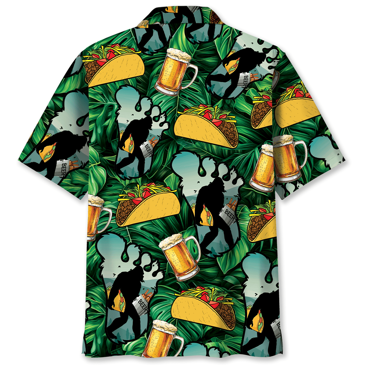 Funny Bigfoot Tacos & Beer Hawaiian Shirt Detail shot of the funny Bigfoot tacos & beer Hawaiian shirt, featuring intricate taco and beer illustrations on fabric.