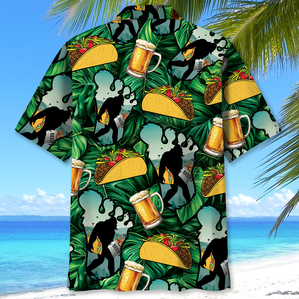 Funny Bigfoot Tacos & Beer Hawaiian Shirt Lifestyle image of a person wearing the funny Bigfoot tacos & beer Hawaiian shirt at a beach party, enjoying a drink.