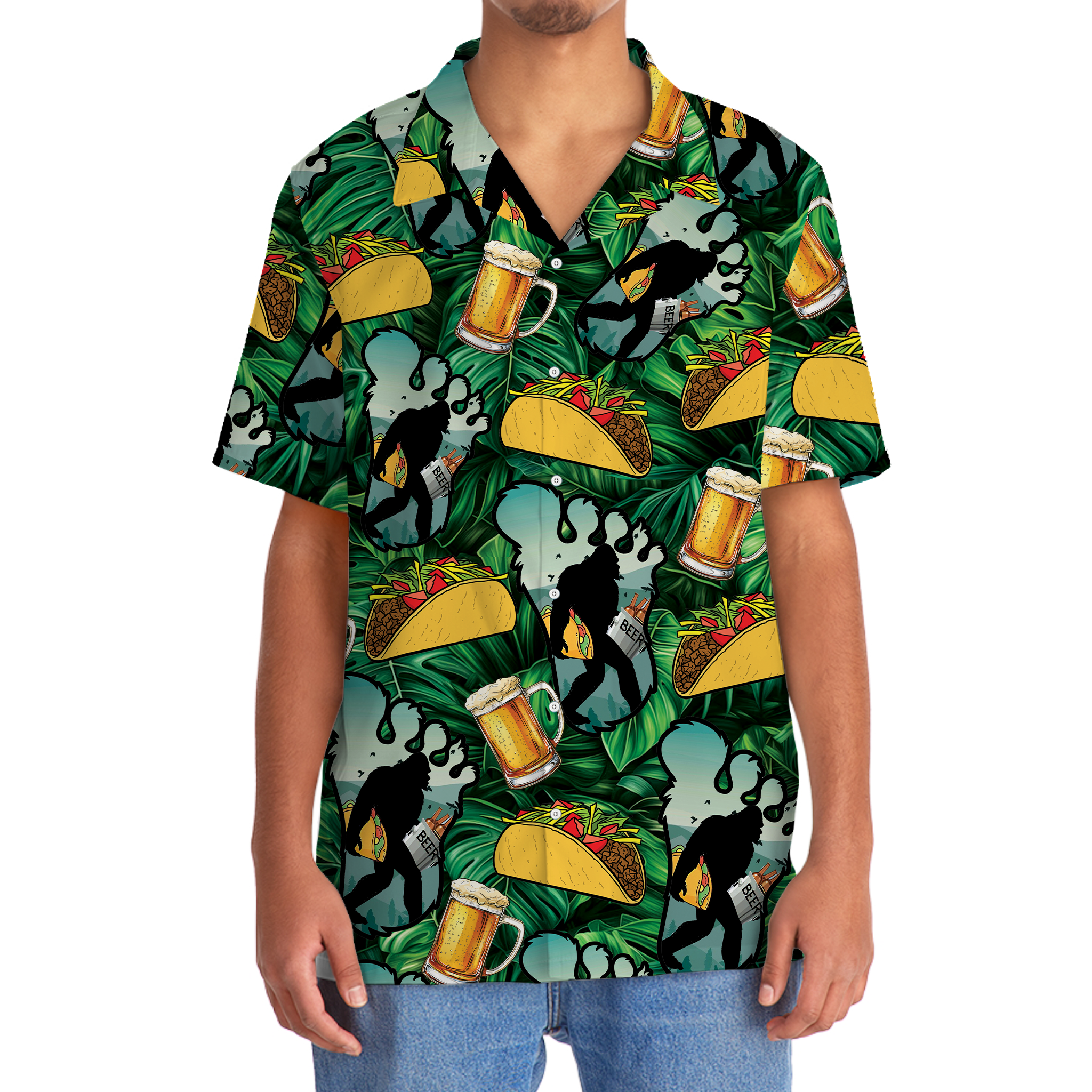 Funny Bigfoot Tacos & Beer Hawaiian Shirt Close-up of the funny Bigfoot tacos & beer Hawaiian shirt's fabric, emphasizing bright colors and unique design elements.